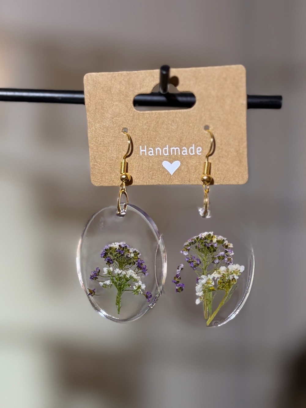 Handmade Resin Earrings with Preserved White and Purple Flowers